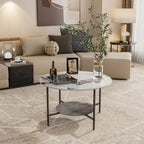 31.5" Round Coffee Table - 2-Tier Sintered Stone Top, Aluminum Alloy Frame, Storage Shelf, Modern Minimalist, White & Black