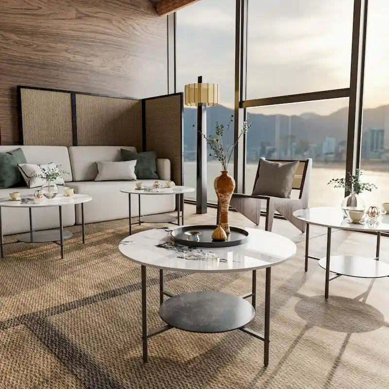 31.5" Round Coffee Table - 2-Tier Sintered Stone Top, Aluminum Alloy Frame, Storage Shelf, Modern Minimalist, White & Black