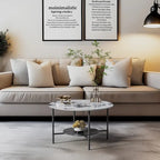 31.5" Round Coffee Table - 2-Tier Sintered Stone Top, Aluminum Alloy Frame, Storage Shelf, Modern Minimalist, White & Black