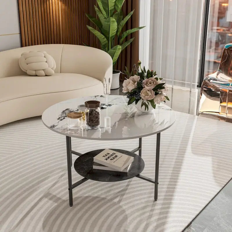 31.5" Round Coffee Table - 2-Tier Sintered Stone Top, Aluminum Alloy Frame, Storage Shelf, Modern Minimalist, White & Black