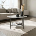 31.5" Round Coffee Table - 2-Tier Sintered Stone Top, Aluminum Alloy Frame, Storage Shelf, Modern Minimalist, White & Black