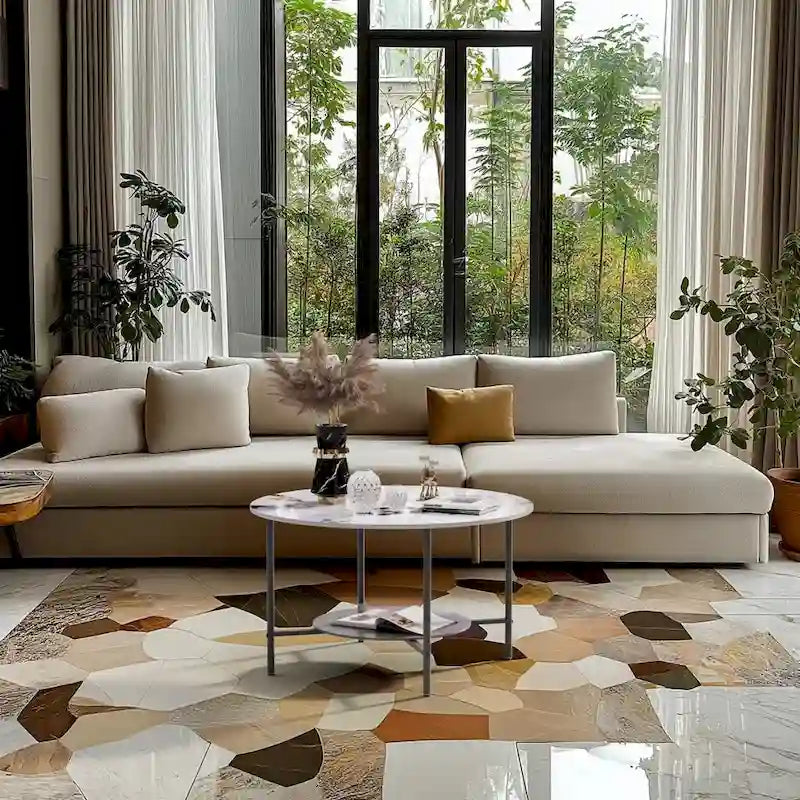 31.5" Round Coffee Table - 2-Tier Sintered Stone Top, Aluminum Alloy Frame, Storage Shelf, Modern Minimalist, White & Black