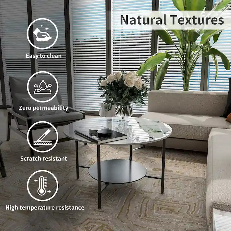 31.5" Round Coffee Table - 2-Tier Sintered Stone Top, Aluminum Alloy Frame, Storage Shelf, Modern Minimalist, White & Black