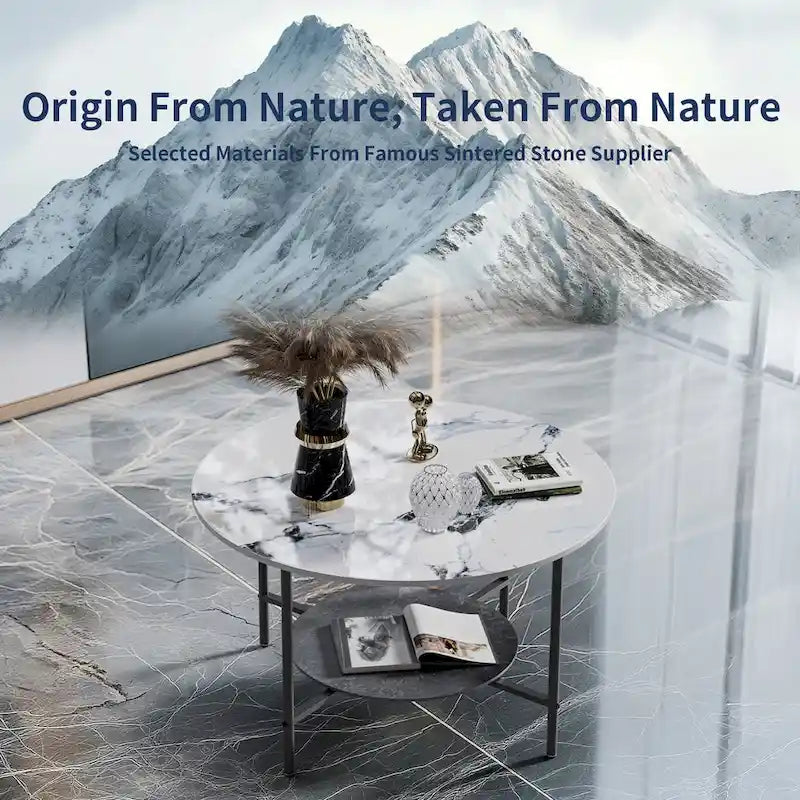 31.5" Round Coffee Table - 2-Tier Sintered Stone Top, Aluminum Alloy Frame, Storage Shelf, Modern Minimalist, White & Black