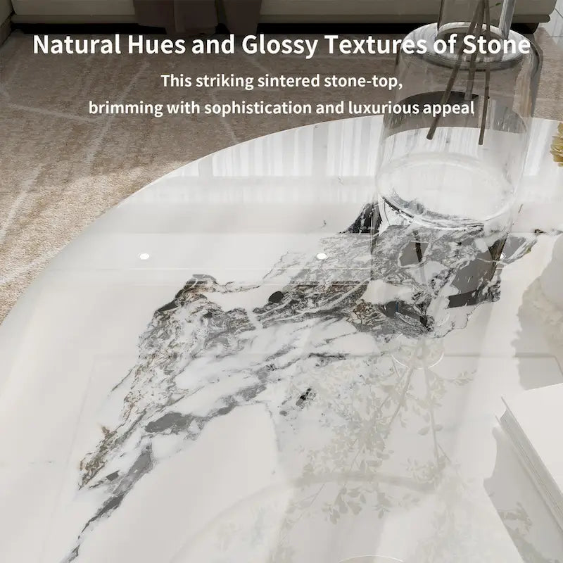 31.5" Round Coffee Table - 2-Tier Sintered Stone Top, Aluminum Alloy Frame, Storage Shelf, Modern Minimalist, White & Black