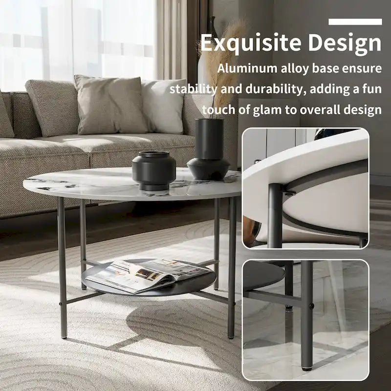 31.5" Round Coffee Table - 2-Tier Sintered Stone Top, Aluminum Alloy Frame, Storage Shelf, Modern Minimalist, White & Black