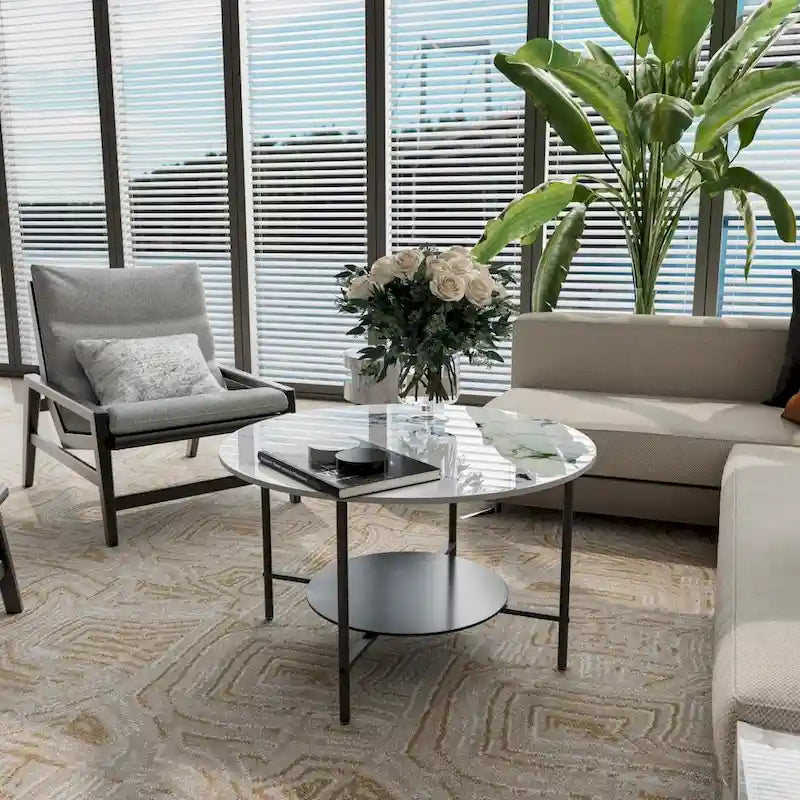 31.5" Round Coffee Table - 2-Tier Sintered Stone Top, Aluminum Alloy Frame, Storage Shelf, Modern Minimalist, White & Black