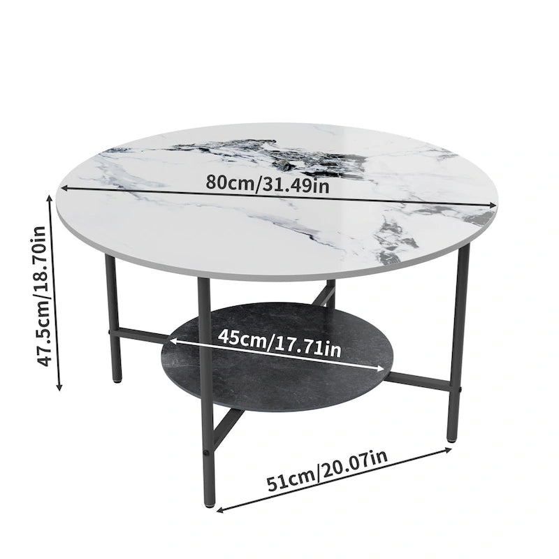 31.5" Round Coffee Table - 2-Tier Sintered Stone Top, Aluminum Alloy Frame, Storage Shelf, Modern Minimalist, White & Black