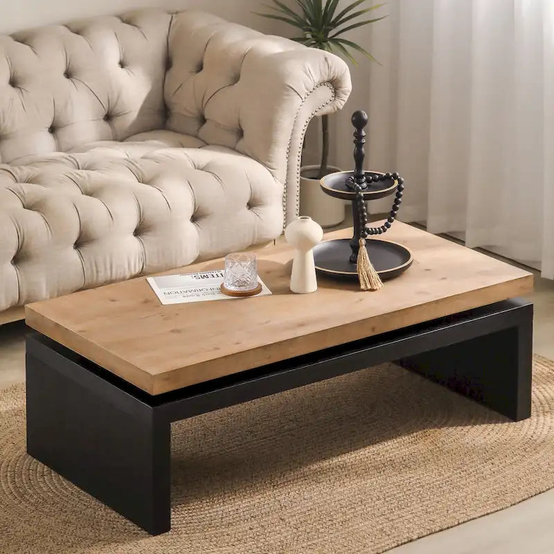 2-Tier Coffee Table Black & Natural Solid Wood - 47.6"L x 23.6"W x 16.3"H Versatile Living Room Table, Easy Assembly 10-15 Min