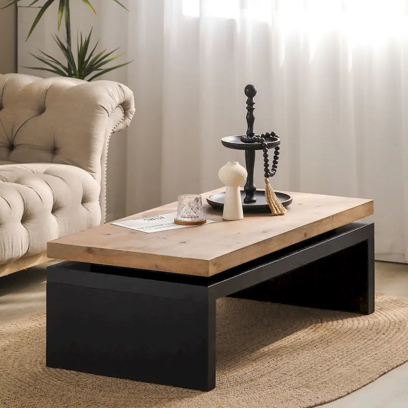 2-Tier Coffee Table Black & Natural Solid Wood - 47.6"L x 23.6"W x 16.3"H Versatile Living Room Table, Easy Assembly 10-15 Min