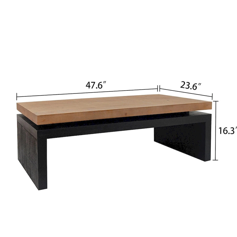 2-Tier Coffee Table Black & Natural Solid Wood - 47.6"L x 23.6"W x 16.3"H Versatile Living Room Table, Easy Assembly 10-15 Min