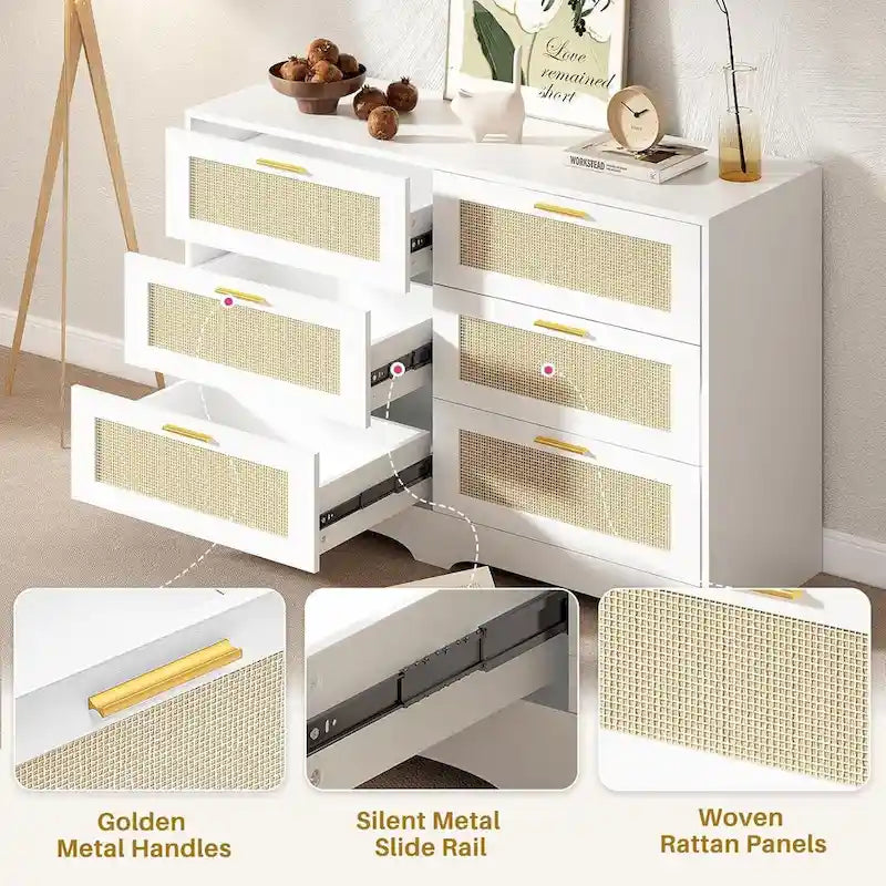 6 Drawer Rattan Dresser with Gold Handles - 47.24"L x 15.75"W x 29.35"H Farmhouse Boho Style, 300lbs Capacity, Silent Slides