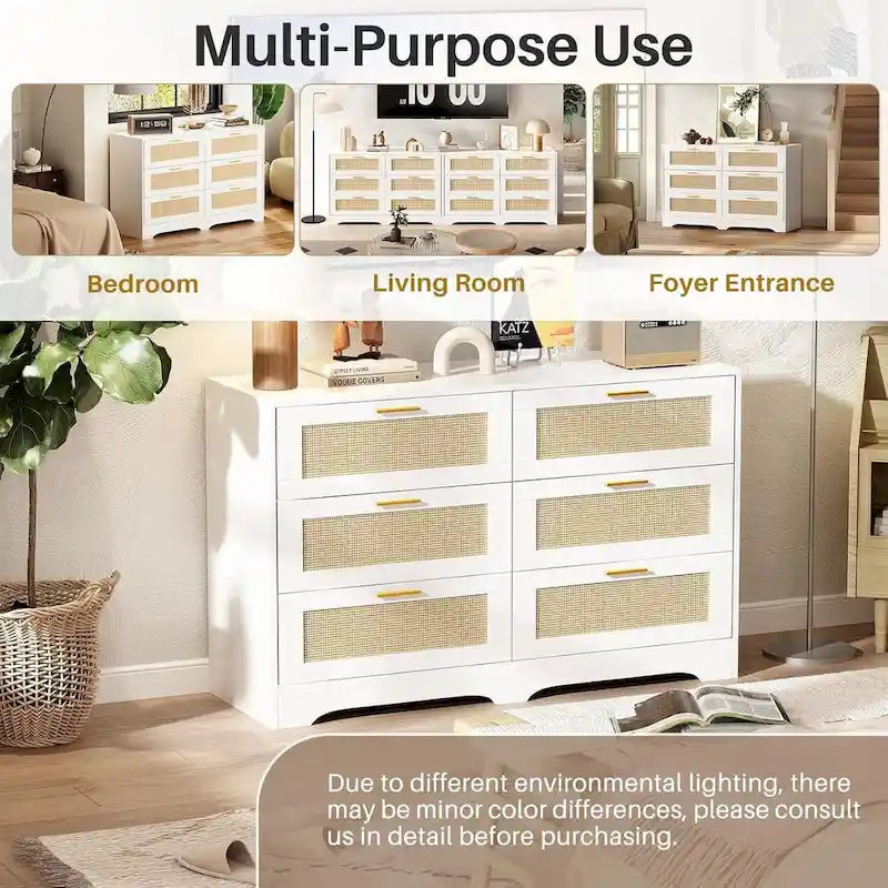 6 Drawer Rattan Dresser with Gold Handles - 47.24"L x 15.75"W x 29.35"H Farmhouse Boho Style, 300lbs Capacity, Silent Slides