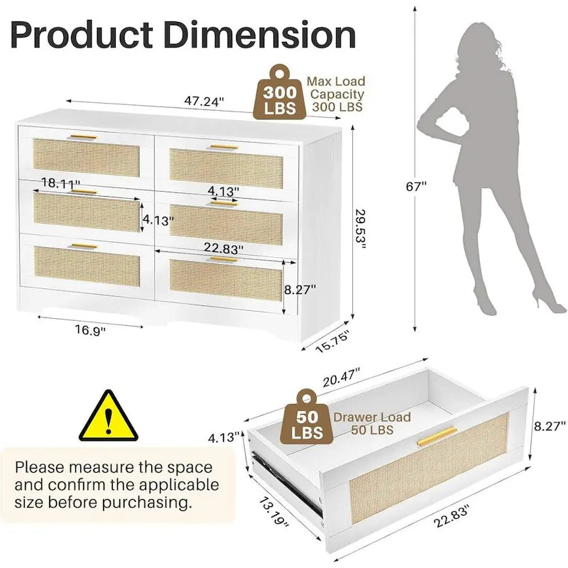 6 Drawer Rattan Dresser with Gold Handles - 47.24"L x 15.75"W x 29.35"H Farmhouse Boho Style, 300lbs Capacity, Silent Slides