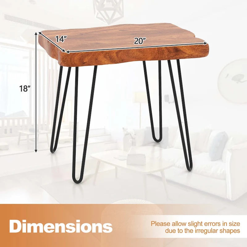 20"L Reclaimed Teak Wood End Table - 2" Thick Top, Metal Legs, Rustic Live Edge, 55lbs Capacity, Indoor/Outdoor Side Table
