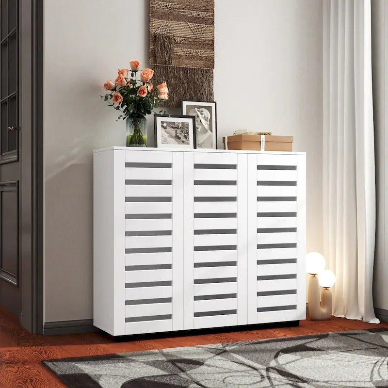 4-Tier Shoe Storage Cabinet with Louvered Doors - Adjustable Shelves, Freestanding Organizer, Particle Board & MDF Construction