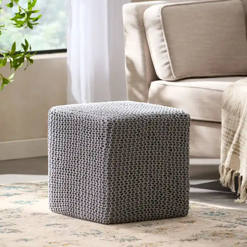 16.5" Knitted Footstool Ottoman - Handcrafted Cotton Thread, Plush Cushioned, No Assembly Required, Light Gray/Red/Beige Colors