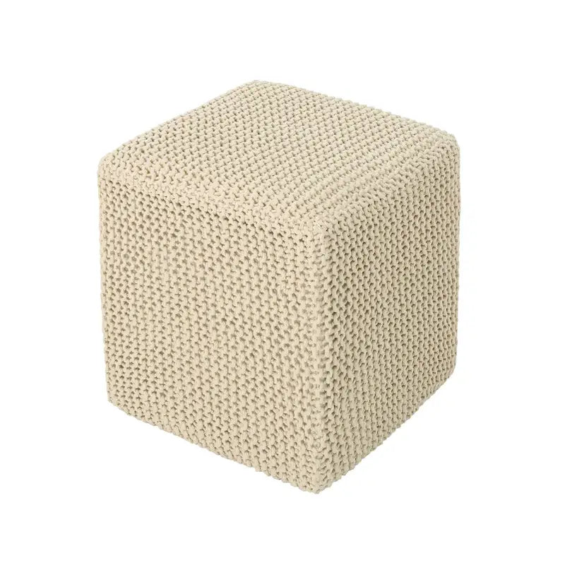 16.5" Knitted Footstool Ottoman - Handcrafted Cotton Thread, Plush Cushioned, No Assembly Required, Light Gray/Red/Beige Colors