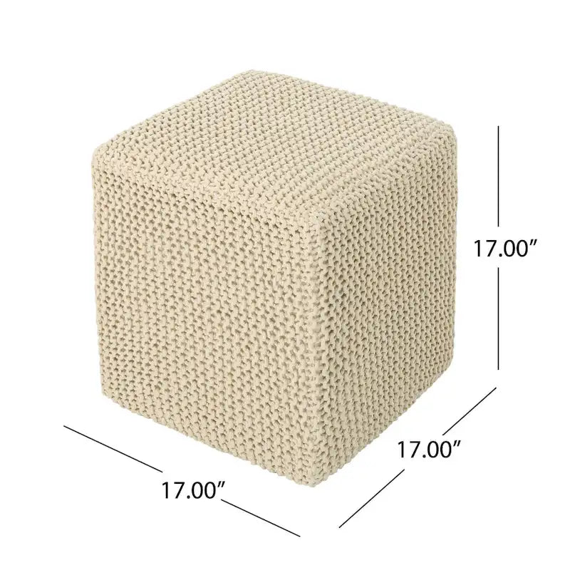 16.5" Knitted Footstool Ottoman - Handcrafted Cotton Thread, Plush Cushioned, No Assembly Required, Light Gray/Red/Beige Colors