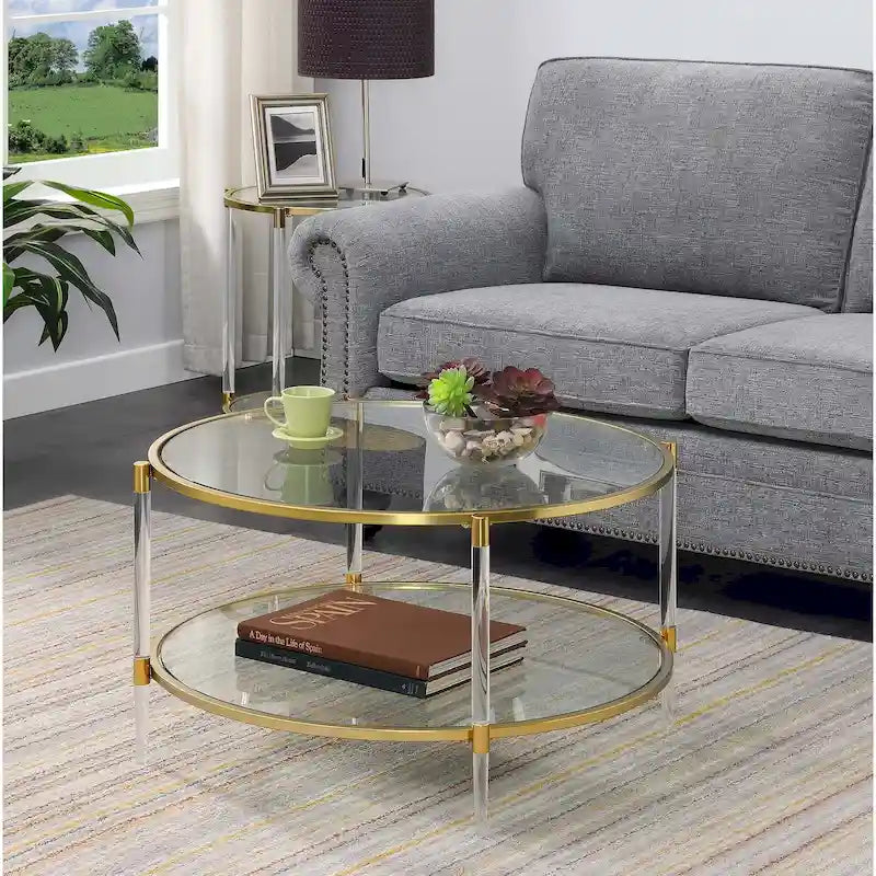 2-Tier Glass Coffee Table with Acrylic Legs & Rose Gold Chrome Frame - 34"W x 34"D x 18"H Clear Tempered Glass, Contemporary Glam
