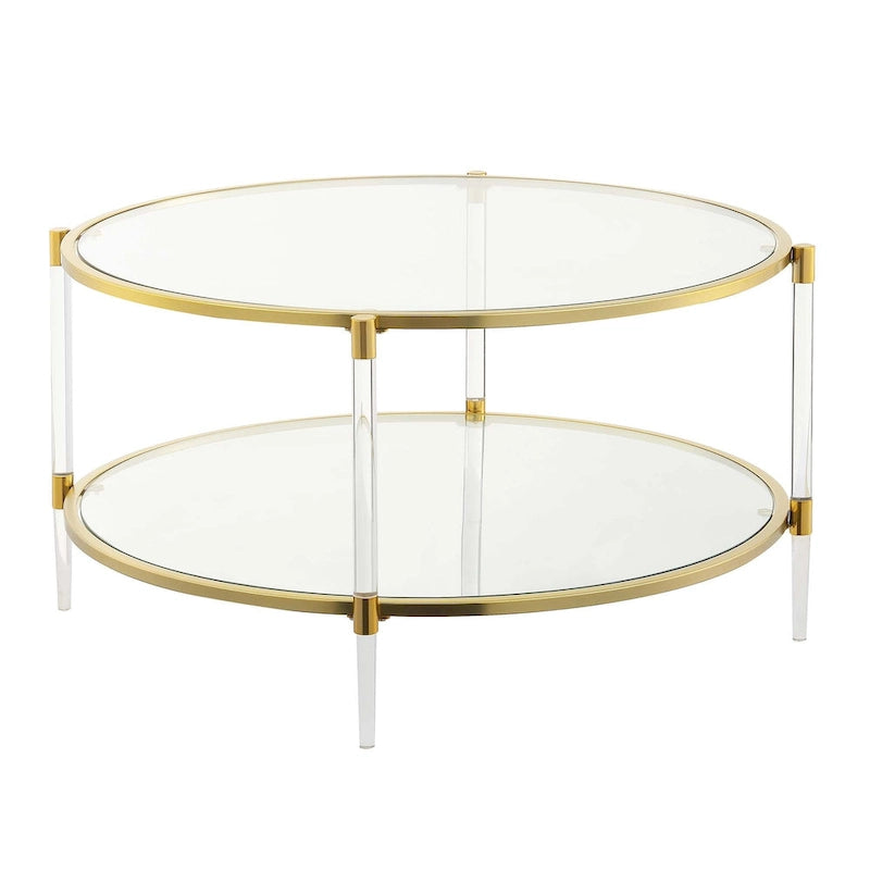 2-Tier Glass Coffee Table with Acrylic Legs & Rose Gold Chrome Frame - 34"W x 34"D x 18"H Clear Tempered Glass, Contemporary Glam