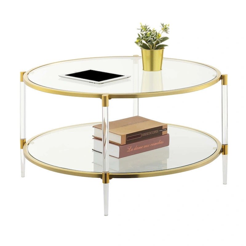 2-Tier Glass Coffee Table with Acrylic Legs & Rose Gold Chrome Frame - 34"W x 34"D x 18"H Clear Tempered Glass, Contemporary Glam