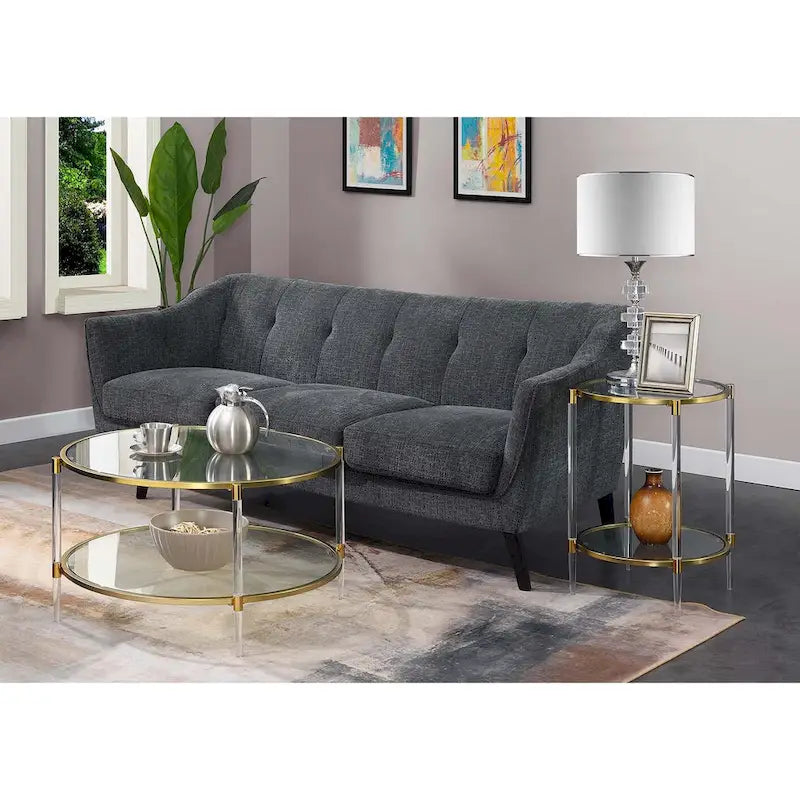2-Tier Glass Coffee Table with Acrylic Legs & Rose Gold Chrome Frame - 34"W x 34"D x 18"H Clear Tempered Glass, Contemporary Glam