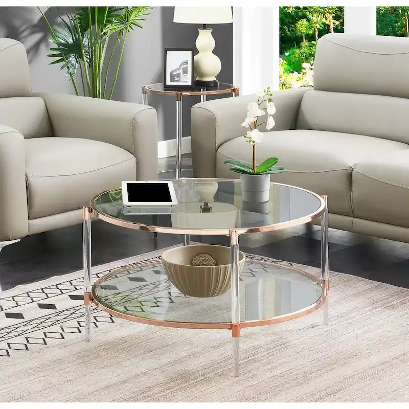 2-Tier Glass Coffee Table with Acrylic Legs & Rose Gold Chrome Frame - 34"W x 34"D x 18"H Clear Tempered Glass, Contemporary Glam