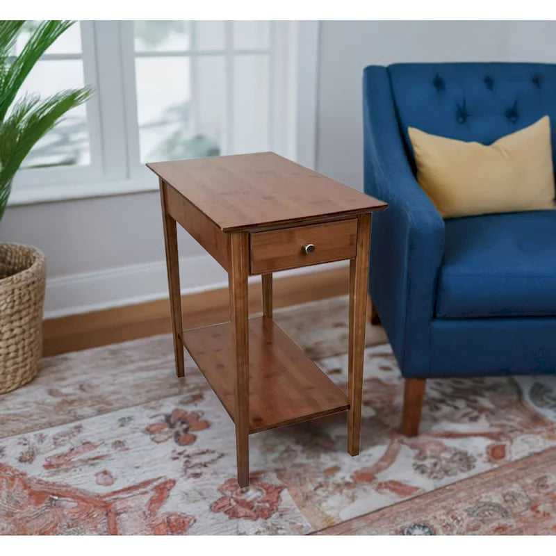 23"H Solid Bamboo End Table with Drawer - Mid-Century Style, 100lbs Capacity, Steel Brackets, Lower Shelf, Tapered Legs