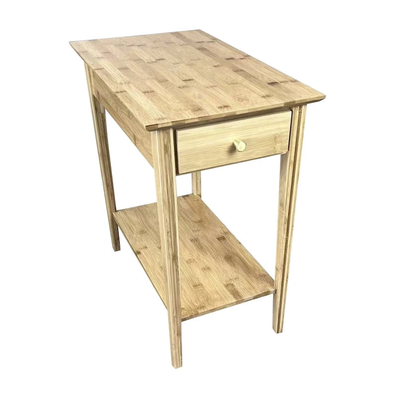 23"H Solid Bamboo End Table with Drawer - Mid-Century Style, 100lbs Capacity, Steel Brackets, Lower Shelf, Tapered Legs