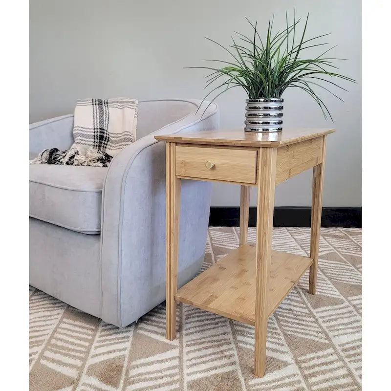 23"H Solid Bamboo End Table with Drawer - Mid-Century Style, 100lbs Capacity, Steel Brackets, Lower Shelf, Tapered Legs