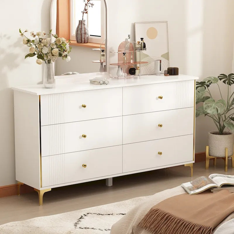 White Lacquer 6 Drawer Dresser with Gold Metal Handles & Legs - Modern Bedroom Storage Cabinet, MDF Construction, Easy Assembly
