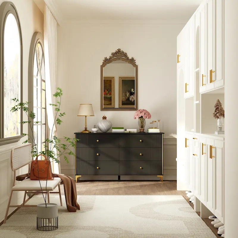 White Lacquer 6 Drawer Dresser with Gold Metal Handles & Legs - Modern Bedroom Storage Cabinet, MDF Construction, Easy Assembly