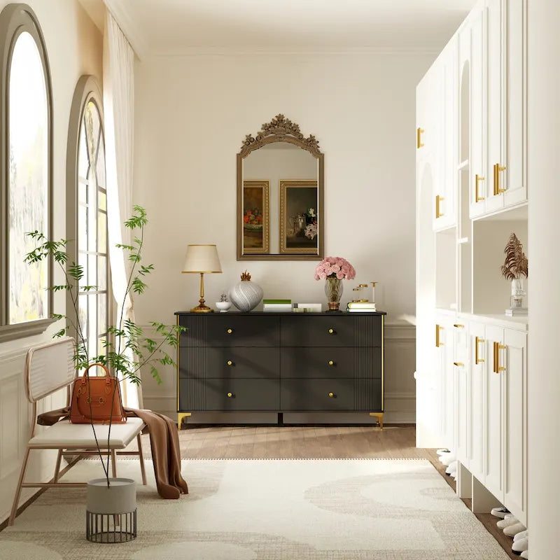 White Lacquer Dresser 6 Drawer Dresser with Metal Handle and Legs