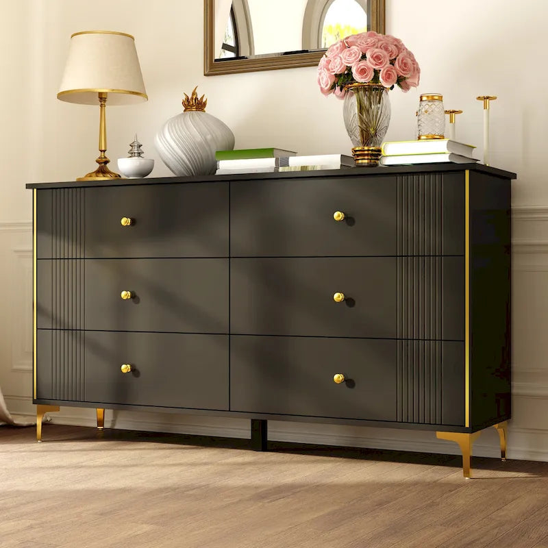 White Lacquer 6 Drawer Dresser with Gold Metal Handles & Legs - Modern Bedroom Storage Cabinet, MDF Construction, Easy Assembly
