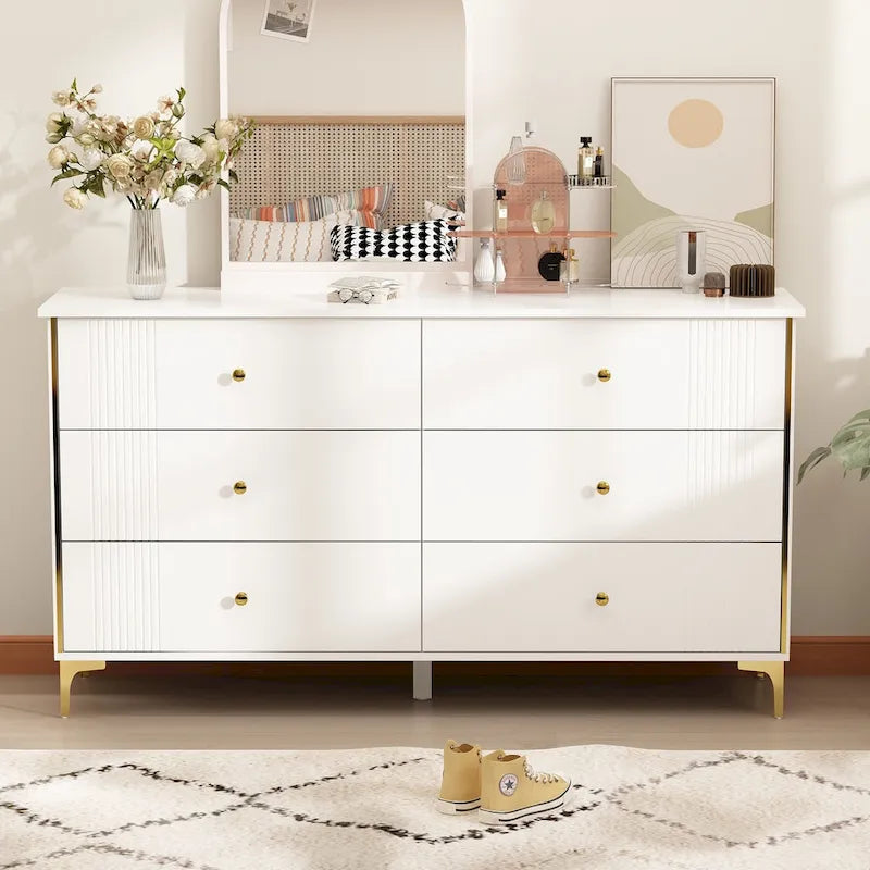 White Lacquer 6 Drawer Dresser with Gold Metal Handles & Legs - Modern Bedroom Storage Cabinet, MDF Construction, Easy Assembly