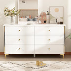White Lacquer 6 Drawer Dresser with Gold Metal Handles & Legs - Modern Bedroom Storage Cabinet, MDF Construction, Easy Assembly