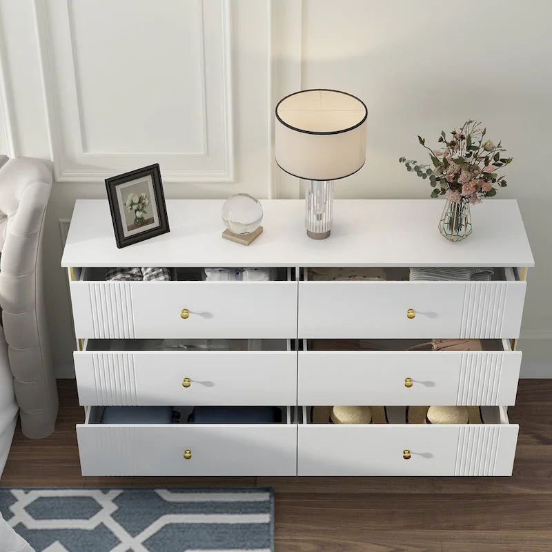 White Lacquer 6 Drawer Dresser with Gold Metal Handles & Legs - Modern Bedroom Storage Cabinet, MDF Construction, Easy Assembly