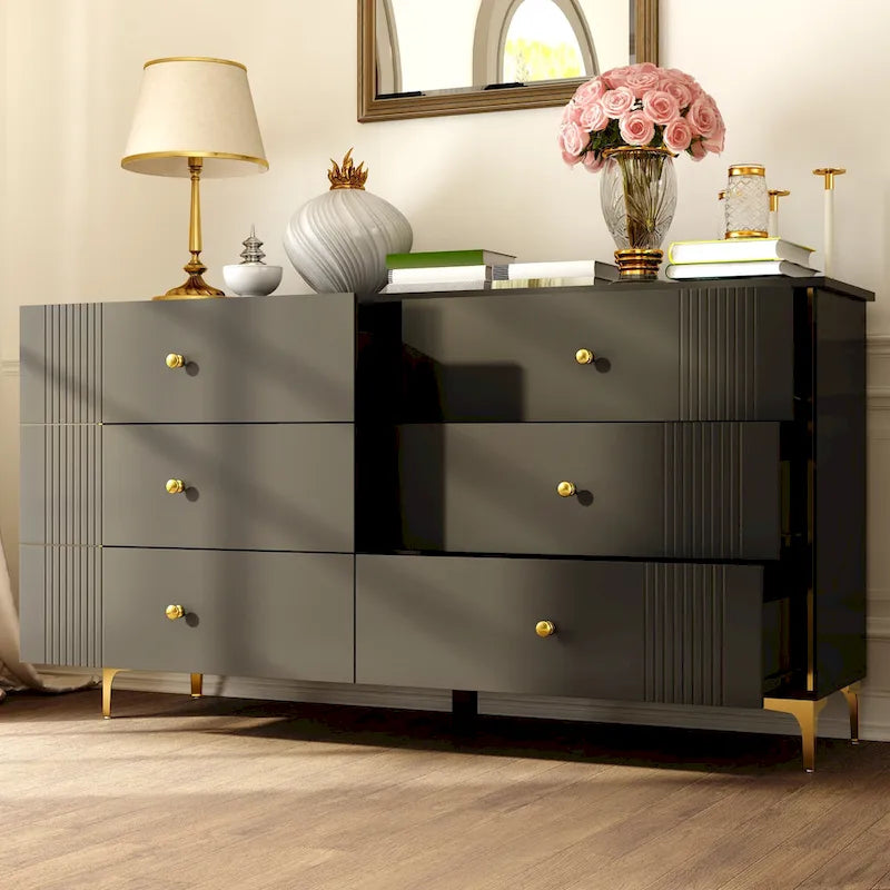 White Lacquer 6 Drawer Dresser with Gold Metal Handles & Legs - Modern Bedroom Storage Cabinet, MDF Construction, Easy Assembly