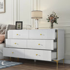 White Lacquer 6 Drawer Dresser with Gold Metal Handles & Legs - Modern Bedroom Storage Cabinet, MDF Construction, Easy Assembly