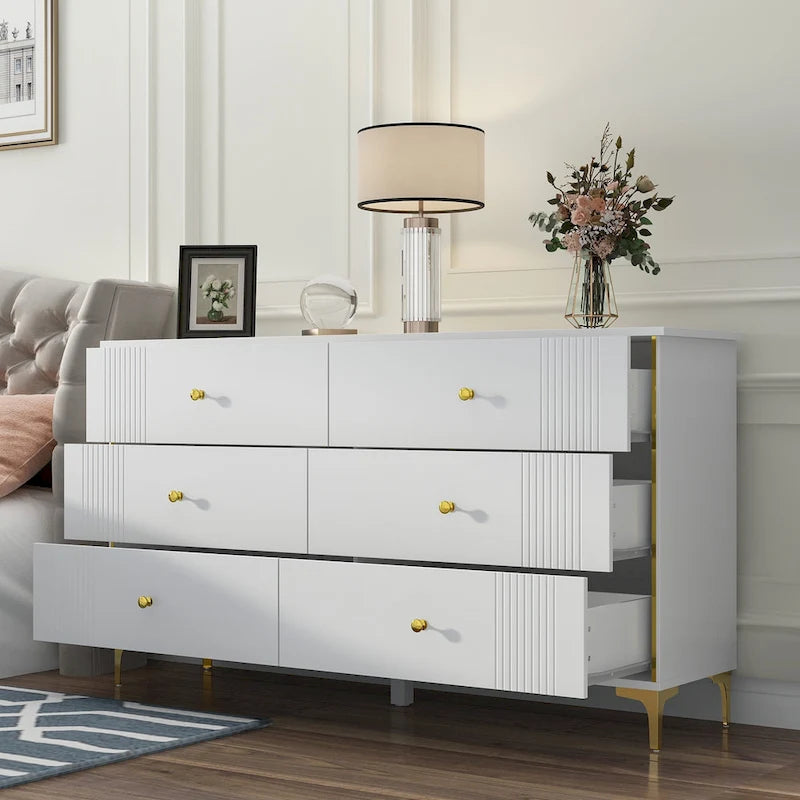 White Lacquer 6 Drawer Dresser with Gold Metal Handles & Legs - Modern Bedroom Storage Cabinet, MDF Construction, Easy Assembly