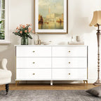White Lacquer 6 Drawer Dresser with Gold Metal Handles & Legs - Modern Bedroom Storage Cabinet, MDF Construction, Easy Assembly