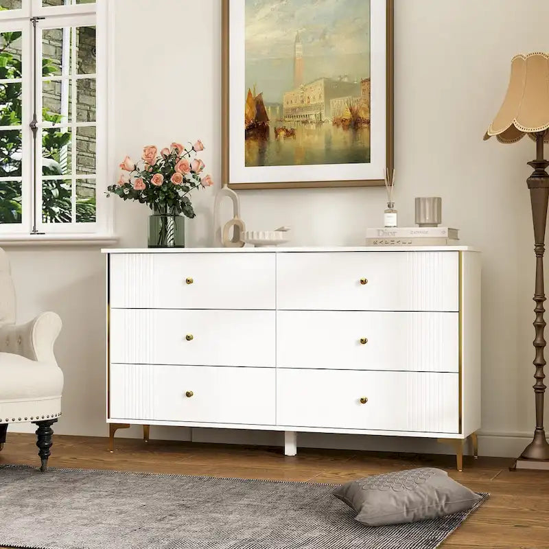 White Lacquer 6 Drawer Dresser with Gold Metal Handles & Legs - Modern Bedroom Storage Cabinet, MDF Construction, Easy Assembly