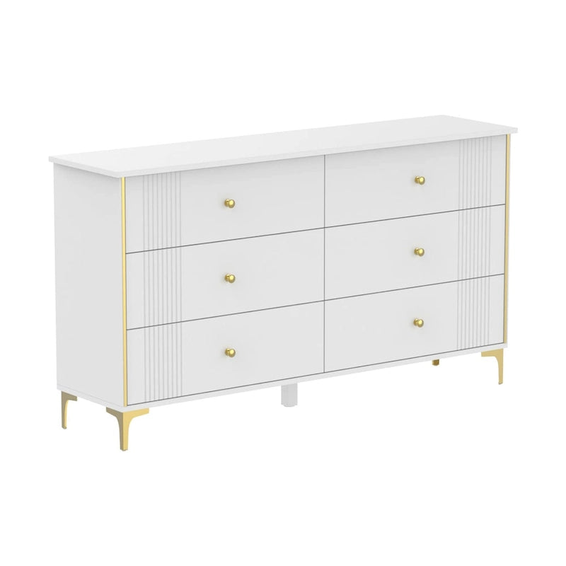 White Lacquer 6 Drawer Dresser with Gold Metal Handles & Legs - Modern Bedroom Storage Cabinet, MDF Construction, Easy Assembly