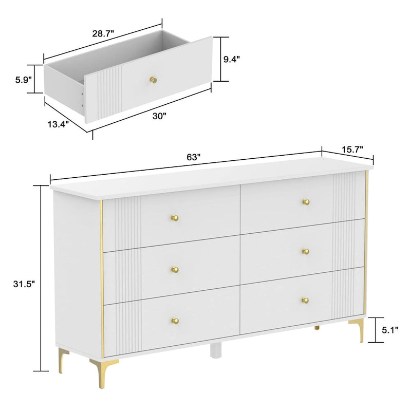 White Lacquer 6 Drawer Dresser with Gold Metal Handles & Legs - Modern Bedroom Storage Cabinet, MDF Construction, Easy Assembly