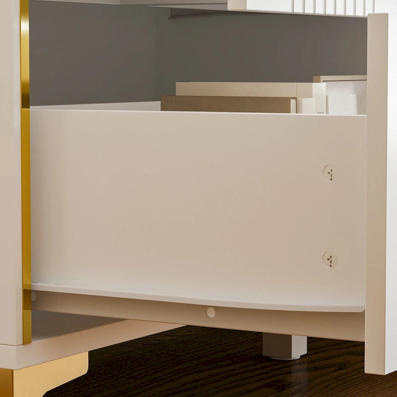 White Lacquer 6 Drawer Dresser with Gold Metal Handles & Legs - Modern Bedroom Storage Cabinet, MDF Construction, Easy Assembly