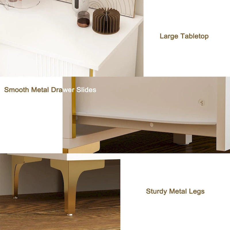 White Lacquer 6 Drawer Dresser with Gold Metal Handles & Legs - Modern Bedroom Storage Cabinet, MDF Construction, Easy Assembly