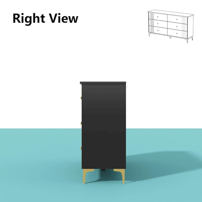 White Lacquer 6 Drawer Dresser with Gold Metal Handles & Legs - Modern Bedroom Storage Cabinet, MDF Construction, Easy Assembly