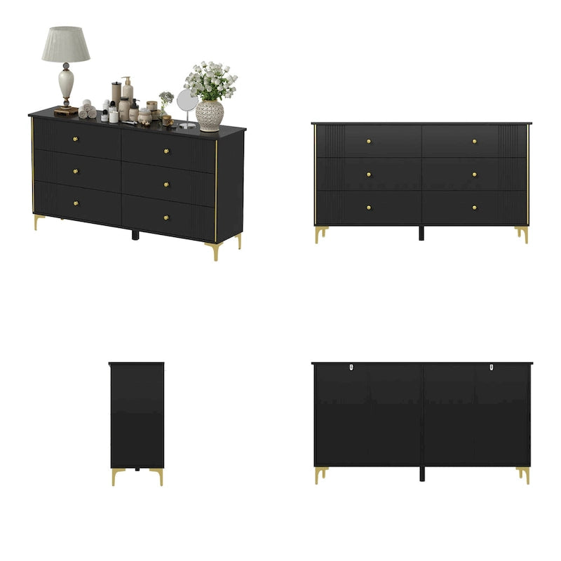 White Lacquer 6 Drawer Dresser with Gold Metal Handles & Legs - Modern Bedroom Storage Cabinet, MDF Construction, Easy Assembly