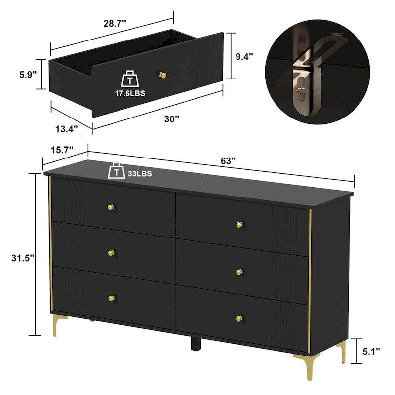 White Lacquer 6 Drawer Dresser with Gold Metal Handles & Legs - Modern Bedroom Storage Cabinet, MDF Construction, Easy Assembly